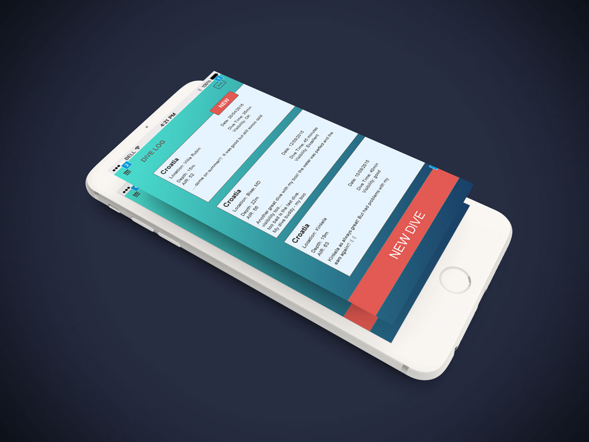 Single smartphone lying flat, displaying a horizontal view of the same dive buddy app interface with details about the next scheduled dive session
