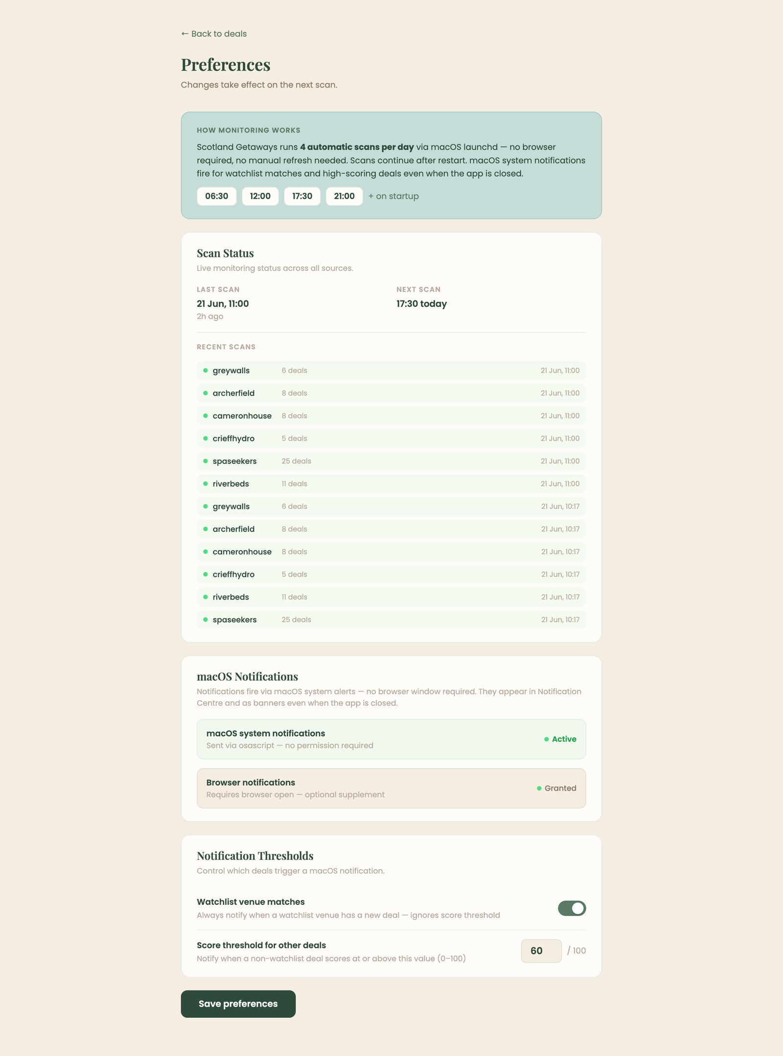 Preferences page