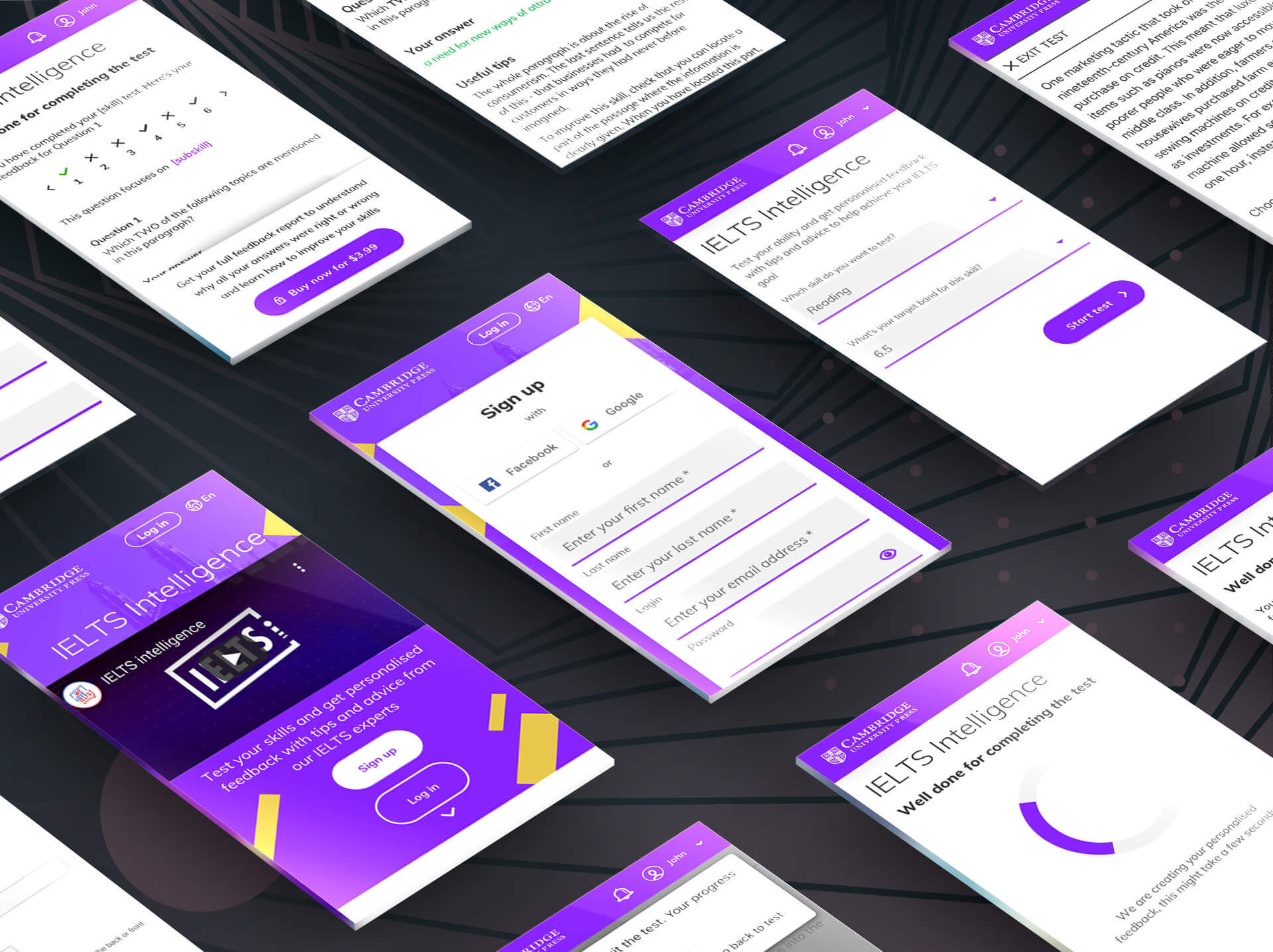 Final IELTS Intelligence UI design showing question interface with purple branding and intuitive navigation