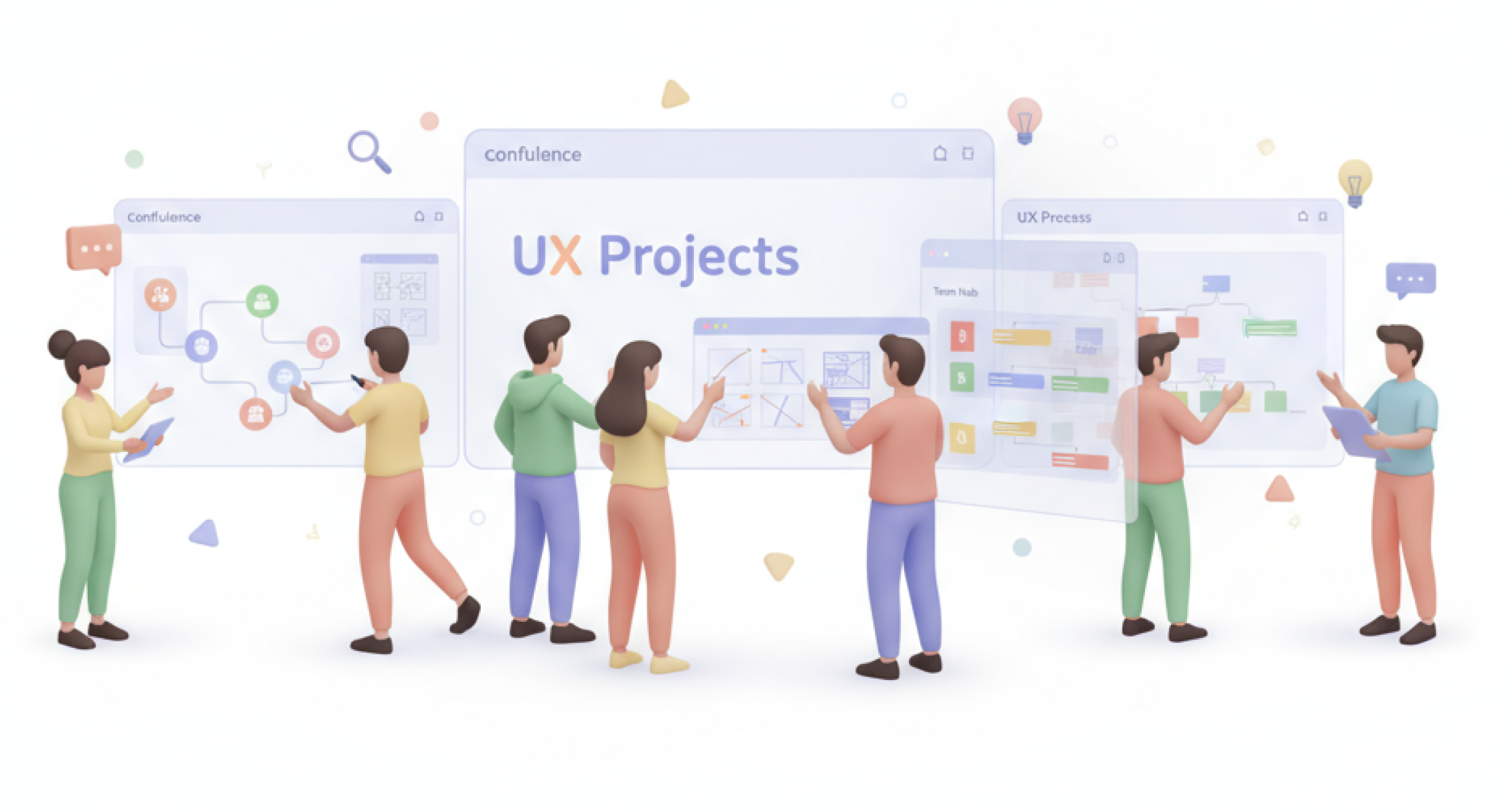 3D hero image of women and men collborating on Confluence documentation